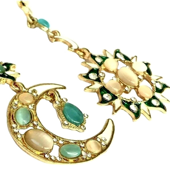 Gold teal crystal opalescent sun moon stars earrings - Picture 8 of 9